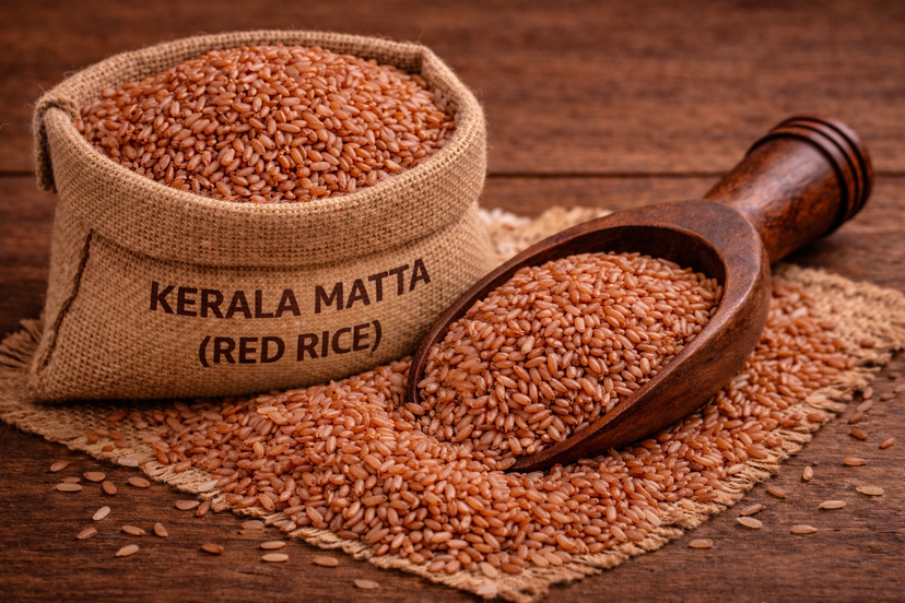 A close up of Kerala Matta (Red Rice) grains.